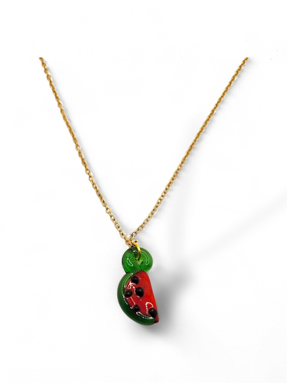 Gold Chain Necklace with Red and Green Watermelon Pendant
